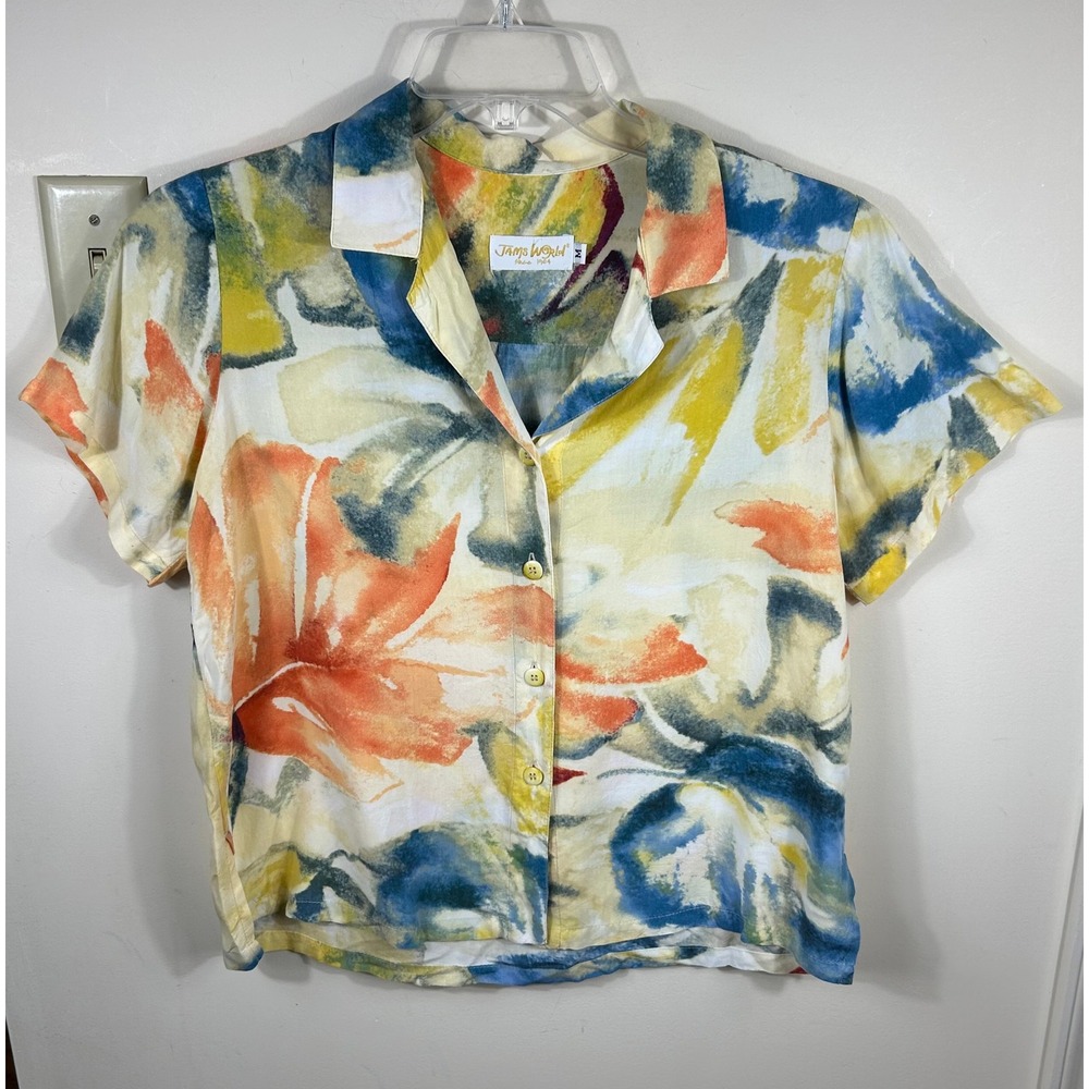 Jams World Shirt Womens M Kimani Floral Rayon Hawaiian Button Down Top Breezy